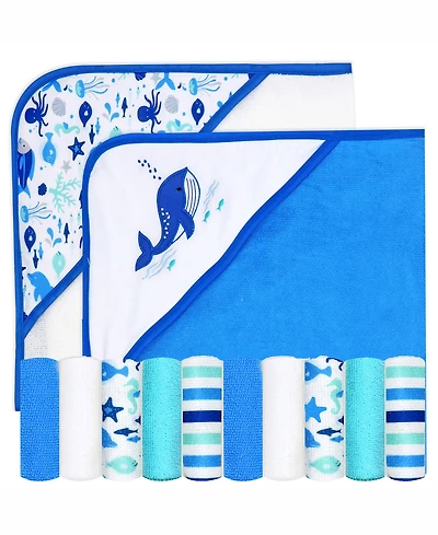 Buba Baby Boys and Girls 2 Pack Embroidered Hooded Bath Towel Wash Cloth Set