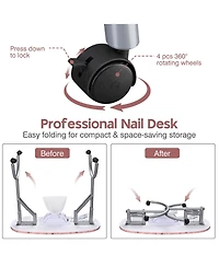 Byootique Folding Manicure Nail Table 2in1 Rolling Makeup Train Case Kit Manicure Cosmetic Trolley Travel Organizer Nail Case, Pink