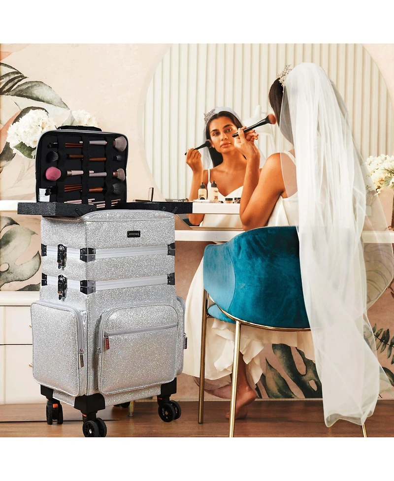 Byootique 3in1 Soft Sided Rolling Makeup Case Cosmetic With Removable Divider For Makeup Artist Nail Artist Glitter Silver