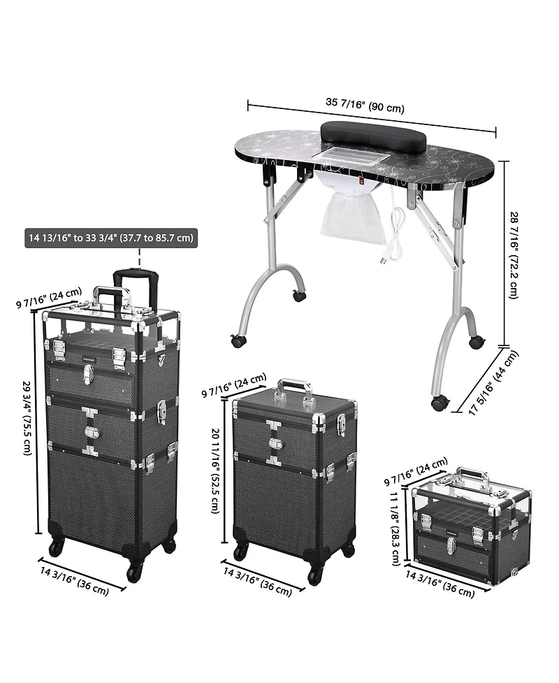 Byootique Folding Manicure Nail Table 2in1 Rolling Makeup Train Case Kit Manicure Cosmetic Trolley Travel Organizer Nail Case, Black