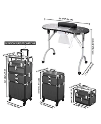 Byootique Folding Manicure Nail Table 2in1 Rolling Makeup Train Case Kit Manicure Cosmetic Trolley Travel Organizer Nail Case, Black