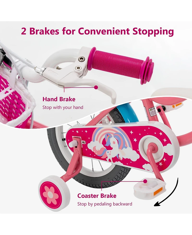 Gymax 14 Inches Kids Bicycle w/ Doll Chair & Basket Kids Bike w/ Training Wheels Pink