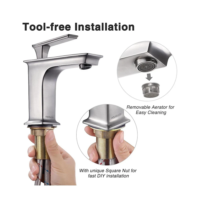Aquaterior Simple 1 Hole Bathroom Square Faucet Undermount Sink Cold & Hot Water Nickel