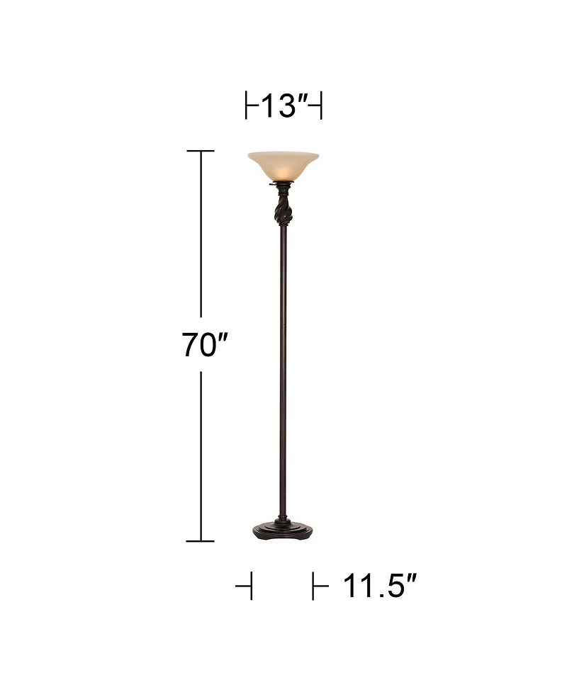 Regency Hill Traditional Torchiere Floor Lamp 70" Tall Hand Applied Black Bronze Swirl Font Amber Glass Shade for Living Room Uplight