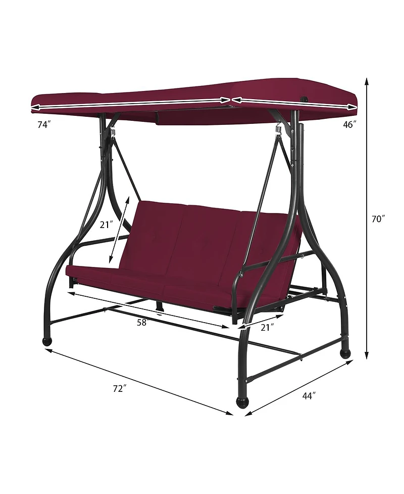 Costway Converting Outdoor Swing Canopy Hammock 3 Seats Patio Deck Furniture Wine Red
