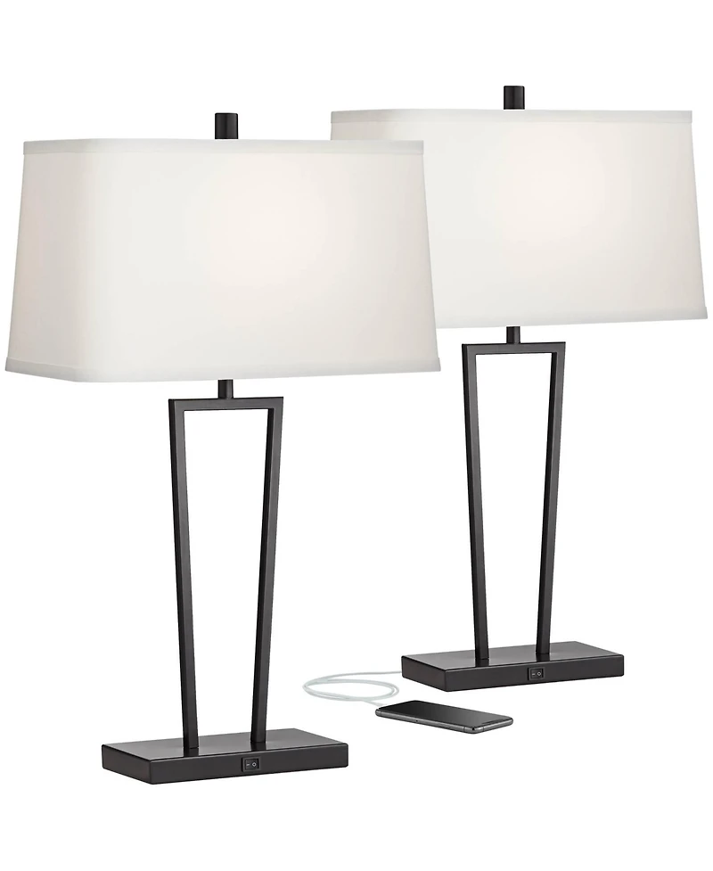 360 Lighting Cole Modern Table Lamps 27" Tall Set of 2 Black Metal with Usb Charging Ports White Rectangular Shade for Bedroom Living Room Bedsid
