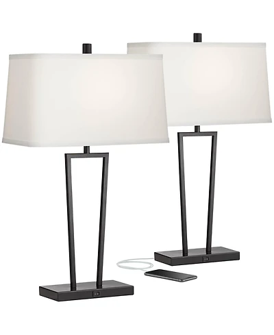 360 Lighting Cole Modern Table Lamps 27" Tall Set of 2 Black Metal with Usb Charging Ports White Rectangular Shade for Bedroom Living Room Bedsid