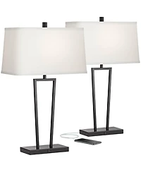 360 Lighting Cole Modern Table Lamps 27" Tall Set of 2 Black Metal with Usb Charging Ports White Rectangular Shade for Bedroom Living Room Bedsid