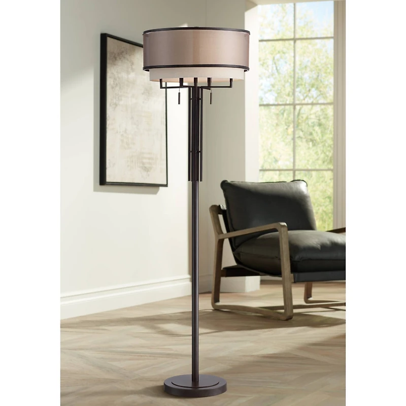 Franklin Iron Works Alamo Industrial Rustic Floor Lamp 62" Tall Bronze Metal Sheer Organza Outer Linen Fabric Inner Double Drum Shade for Living