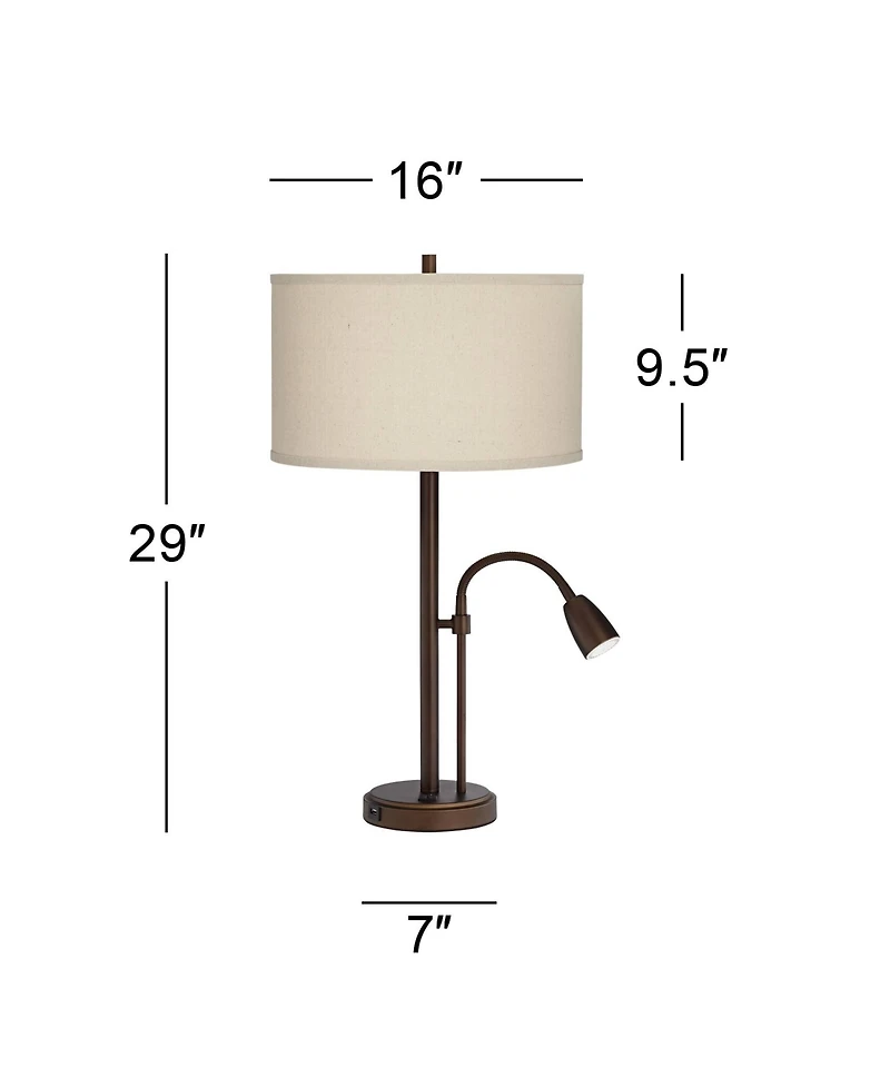 Possini Euro Design Traverse Modern Table Lamps 29" Tall Set of 2 with Usb Charging Port Gooseneck Led Bronze Oatmeal Shade for Bedroom Living Ro