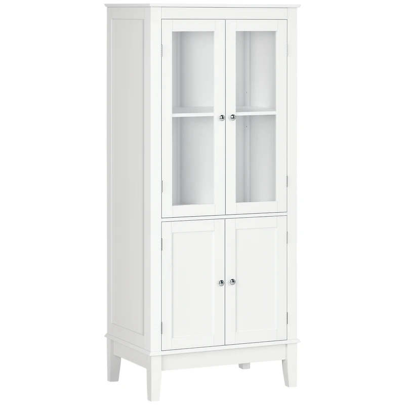 Kleankin Bathroom Floor Cabinet with 2 Storage Cabinets, Tempered Glass Door, Freestanding Linen Tower with Adjustable Shelves for Living Room, White