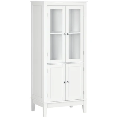 Kleankin Bathroom Floor Cabinet with 2 Storage Cabinets, Tempered Glass Door, Freestanding Linen Tower with Adjustable Shelves for Living Room, White