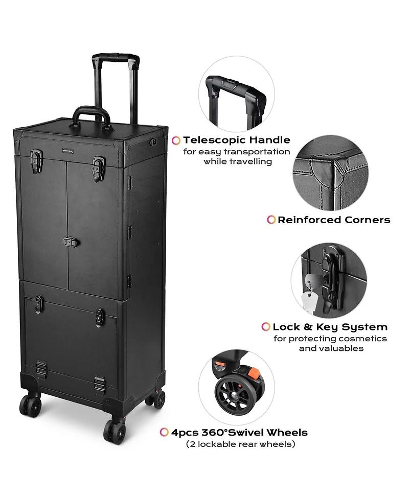 Byootique Pro Rolling Makeup Case Aritist Cosmetics w/ Lights Mirror Studio Black