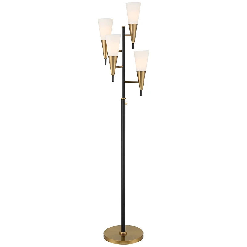 Possini Euro Design Quatro Mid Century Modern Tree Floor Lamp 71" Tall Black Gold Metal 4 Light Frosted Glass Cone Shade for Living Room Bedroom