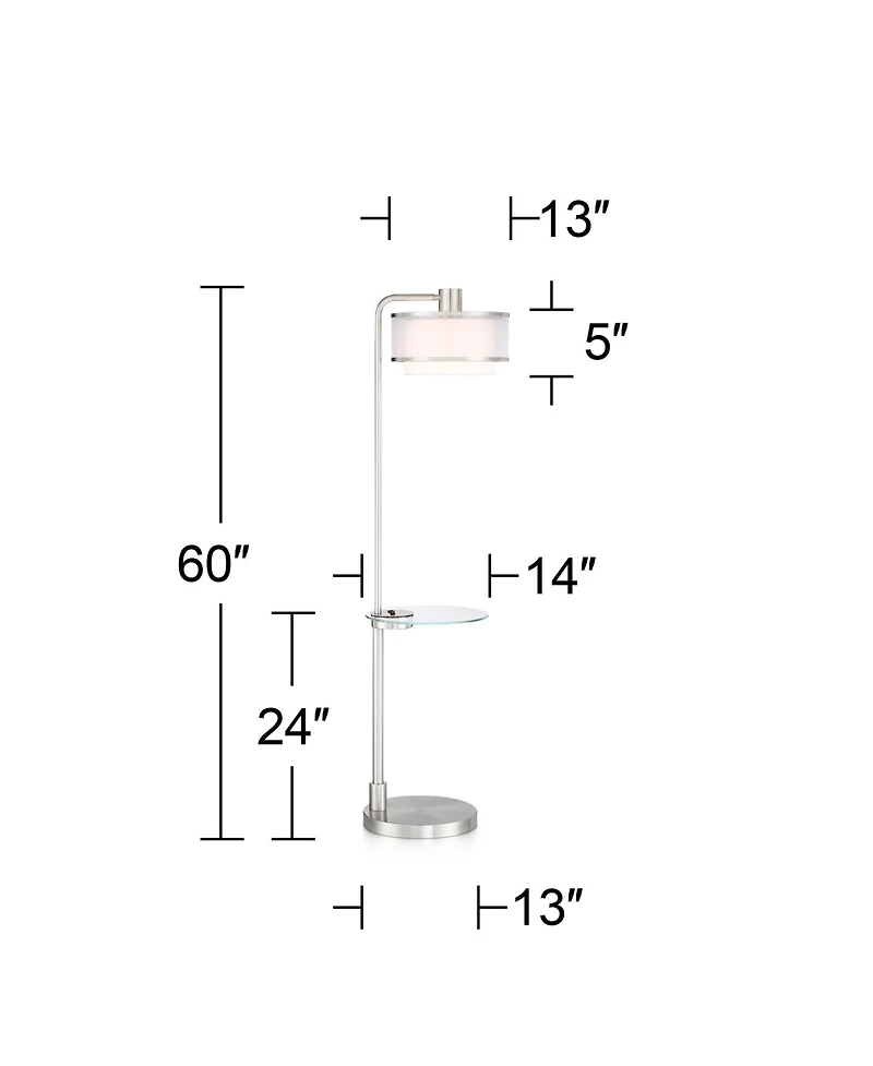 Possini Euro Design Vogue Modern Floor Lamp with Tray Table 60" Tall Brushed Nickel Usb Charging Port Organza Outer White Inner Shade for Living