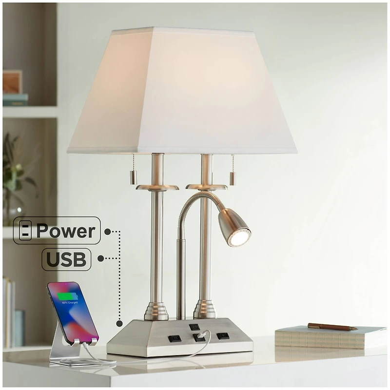 Possini Euro Design Dexter Modern Table Lamp 26" High Brushed Nickel with Usb and Ac Power Outlet in Base Led Reading Light White Shade for Home