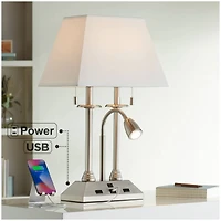 Possini Euro Design Dexter Modern Table Lamp 26" High Brushed Nickel with Usb and Ac Power Outlet in Base Led Reading Light White Shade for Home