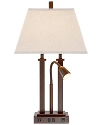 Possini Euro Design Deacon Modern Desk Table Lamp 26" High Bronze with Usb and Ac Power Outlet in Base Led Reading Light Oatmeal Shade for Office