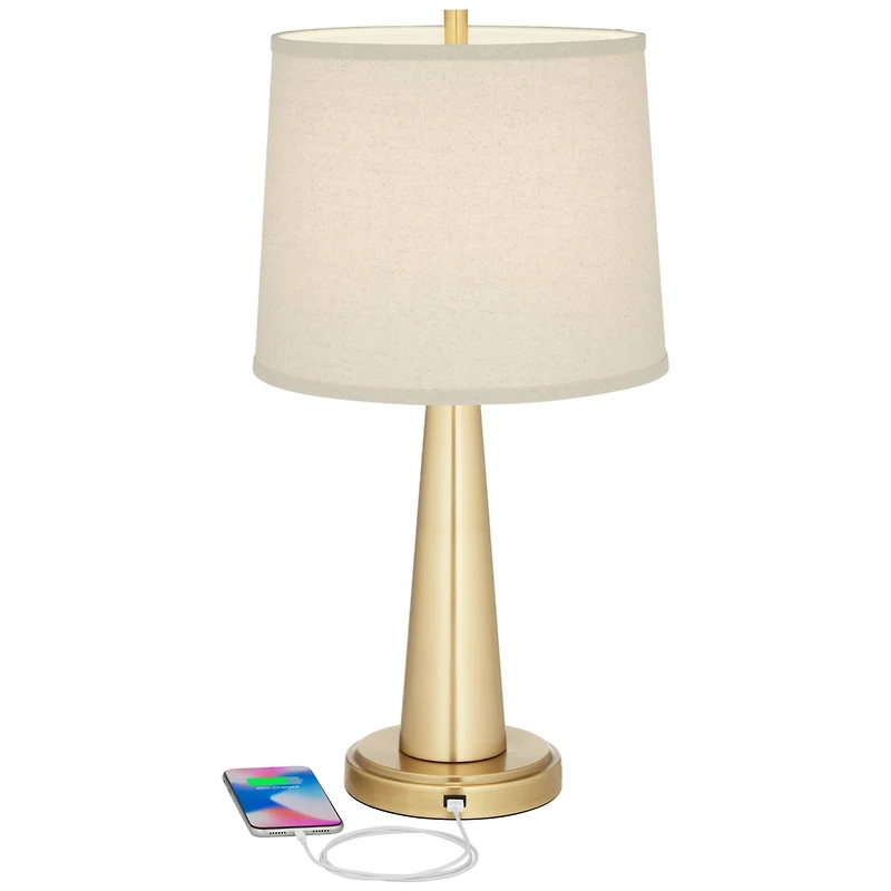 360 Lighting Modern Table Lamps 25" High Set of 2 with Usb Charging Port Brass Metal Beige Drum Shade for Bedroom Living Room House Desk Bedside