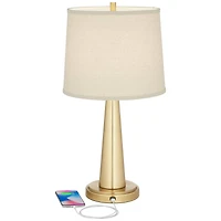 360 Lighting Modern Table Lamps 25" High Set of 2 with Usb Charging Port Brass Metal Beige Drum Shade for Bedroom Living Room House Desk Bedside