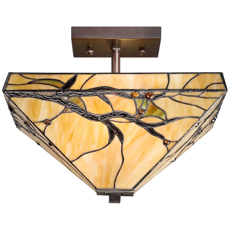 Robert Louis Tiffany Mission Rustic Ceiling Light Semi Flush Mount Fixture 14" Wide Bronze 2-Light Budding Branch Art Glass Shade for Bedroom Kit