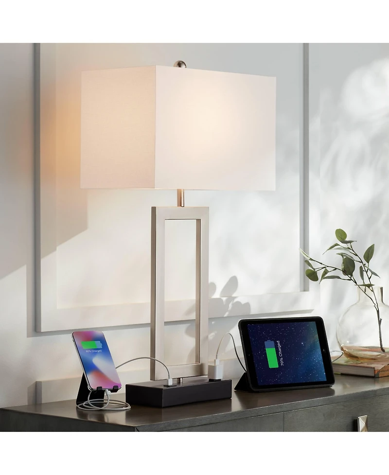 Todd Modern Table Lamp with Hotel Style Usb and Ac Power Outlet in Base 30" Tall Brushed Nickel Rectangle White Shade for Living Room Bedroom Hou