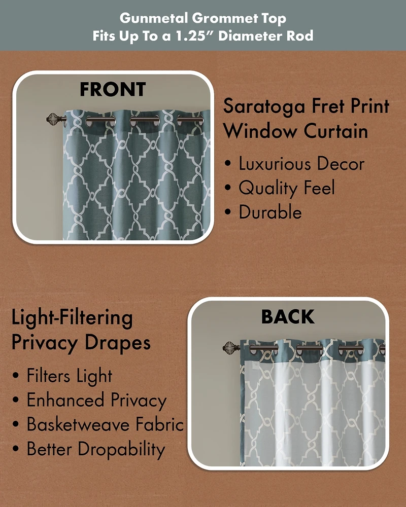 Madison Park Saratoga Fretwork Print Single Window Curtain Panel for Bedroom, Grommet Top Design Single Curtain for Living Room, Width 50 length 95 in