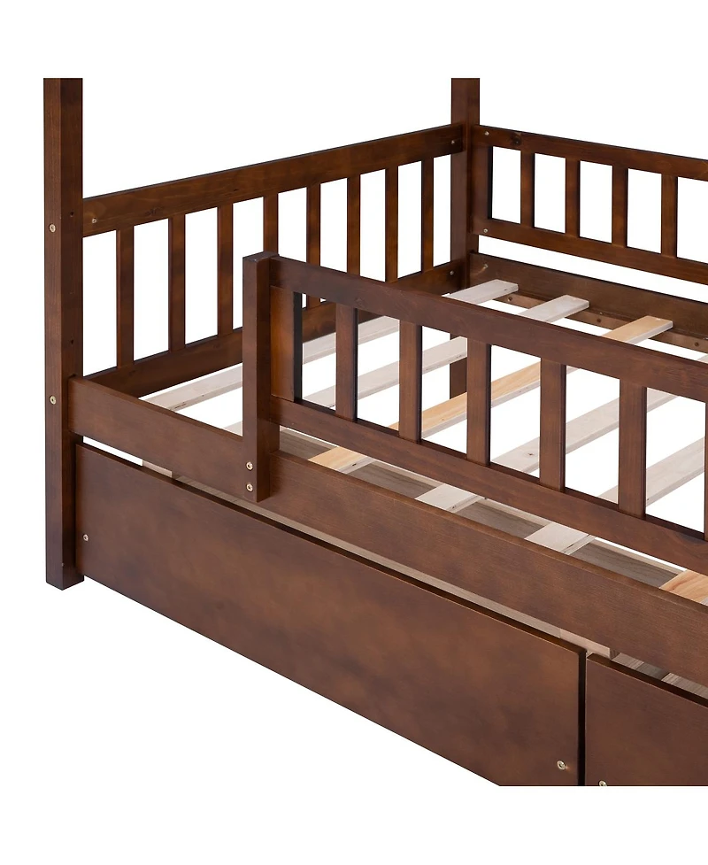 Simplie Fun Twin Size Wooden House Bed With Two Drawers, Walnut