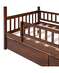 Simplie Fun Twin Size Wooden House Bed With Two Drawers, Walnut