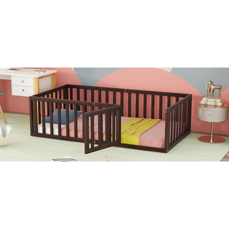 Simplie Fun Twin Size Wood Floor Bed Frame With Fence And Door, Walnut