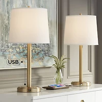 360 Lighting Camile Modern Table Lamps 25" High Set of 2 Brass Metal with Usb Charging Port Oatmeal Drum Shade for Bedroom Living Room Bedside De
