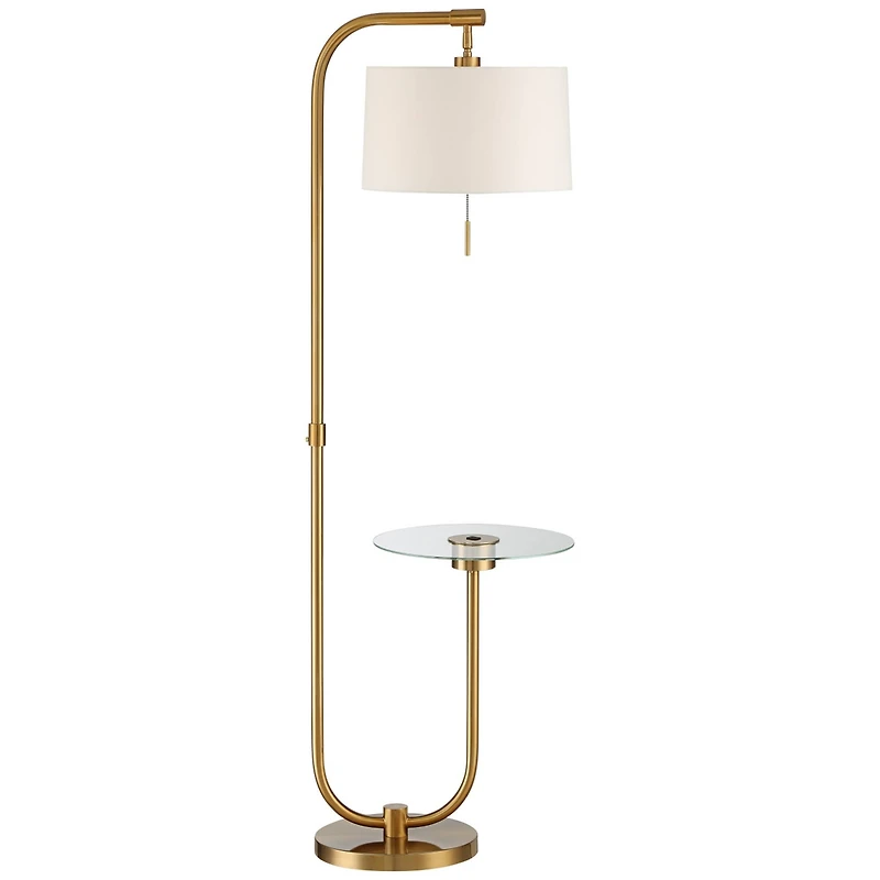 Possini Euro Design Volta Modern Floor Lamp with Tray Table 66" Tall Brass Usb Charging Port White Drum Shade for Living Room Bedroom Office Hous