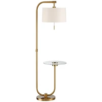 Possini Euro Design Volta Modern Floor Lamp with Tray Table 66" Tall Brass Usb Charging Port White Drum Shade for Living Room Bedroom Office Hous
