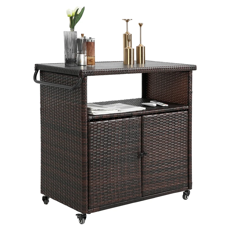 Streamdale Furniture Outdoor Wicker Bar Cart with Wheels and Glass Tabletop