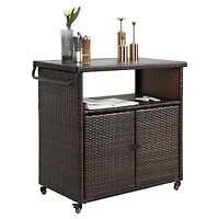 Streamdale Furniture Outdoor Wicker Bar Cart with Wheels and Glass Tabletop