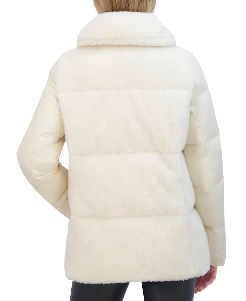 Tahari Women's Mixed-Media Stand-Collar Puffer Coat