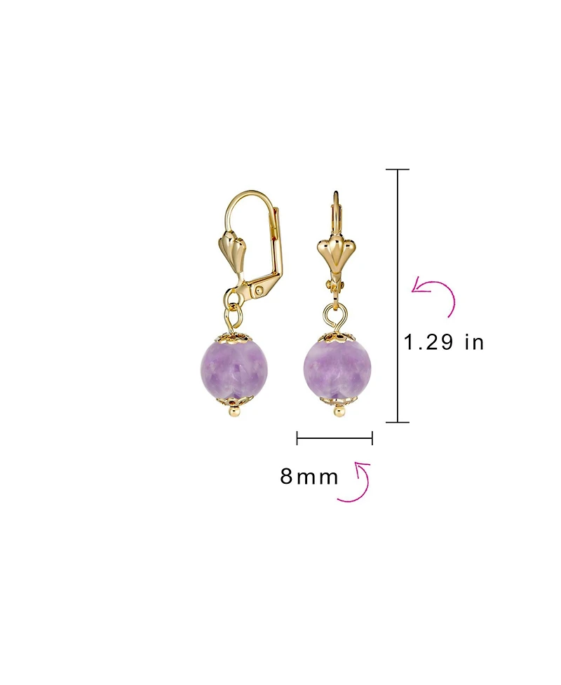 Bling Jewelry Classic Elegant Simple Round Natural Stone Dangle Lever Back Drop Ball Earrings Polished Yellow Gold Plated Brass 8MM