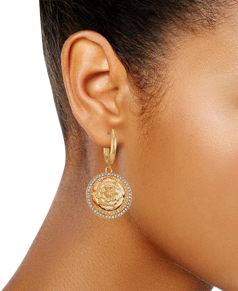 Guess Gold-Tone Pave-Edged Flower Charm Hoop Earrings