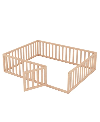 Simplie Fun Queen Size Wood Floor Bed Frame With Fence And Door