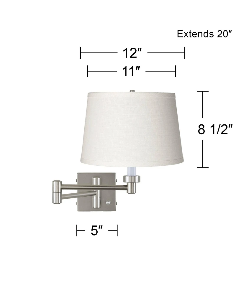 Possini Euro Design Modern Swing Arm Wall Lamp with Cord Cover Brushed Nickel Plug-In Light Fixture White Linen Shade for Bedroom