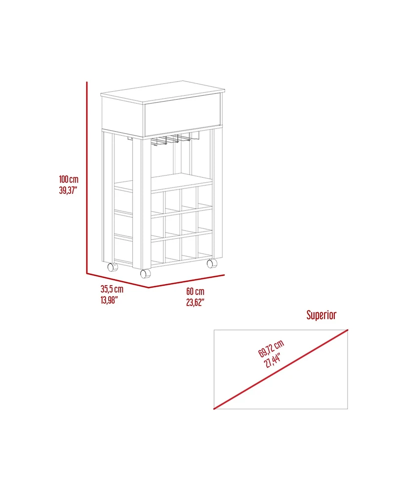 Fm Furniture Ace Bar Cart, Twelve Built-in Wine Rack, Casters, Drawer