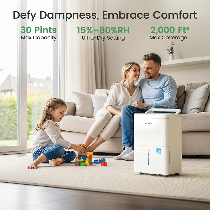 Waykar 2000 Sq. Ft 30 Pints Dehumidifier for Home & Basements with Continuous Drainage