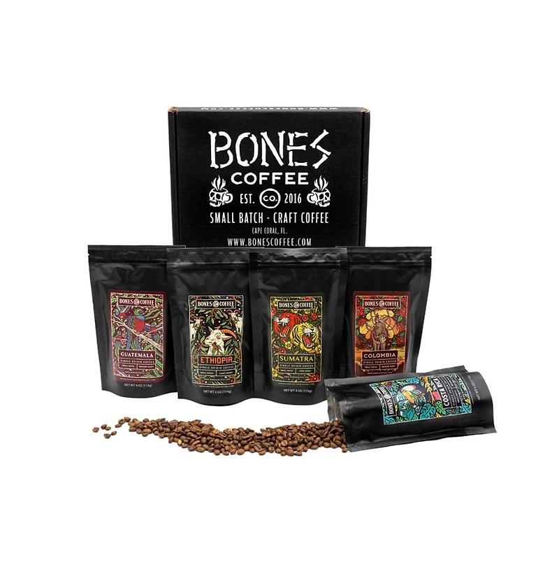 Bones Coffee Company New World Tour Sample Pack | Whole Coffee Beans Sampler Gift Box Set | 4 oz Pack of 5 Assorted Single-Origin Gourmet Coffee Gifts