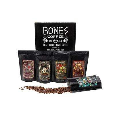 Bones Coffee Company New World Tour Sample Pack | Whole Coffee Beans Sampler Gift Box Set | 4 oz Pack of 5 Assorted Single-Origin Gourmet Coffee Gifts