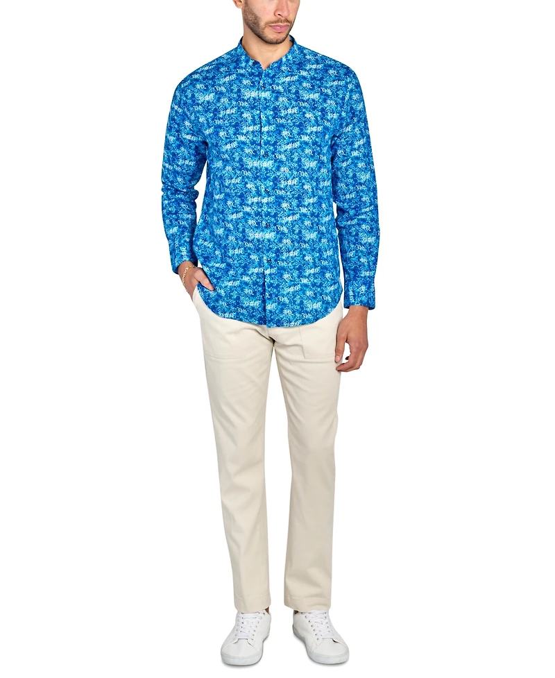 Brooklyn Brigade Men's Moisture-Wicking Abstract leaf-Print Button-Down Mandarin Shirt