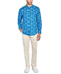 Brooklyn Brigade Men's Moisture-Wicking Abstract leaf-Print Button-Down Mandarin Shirt