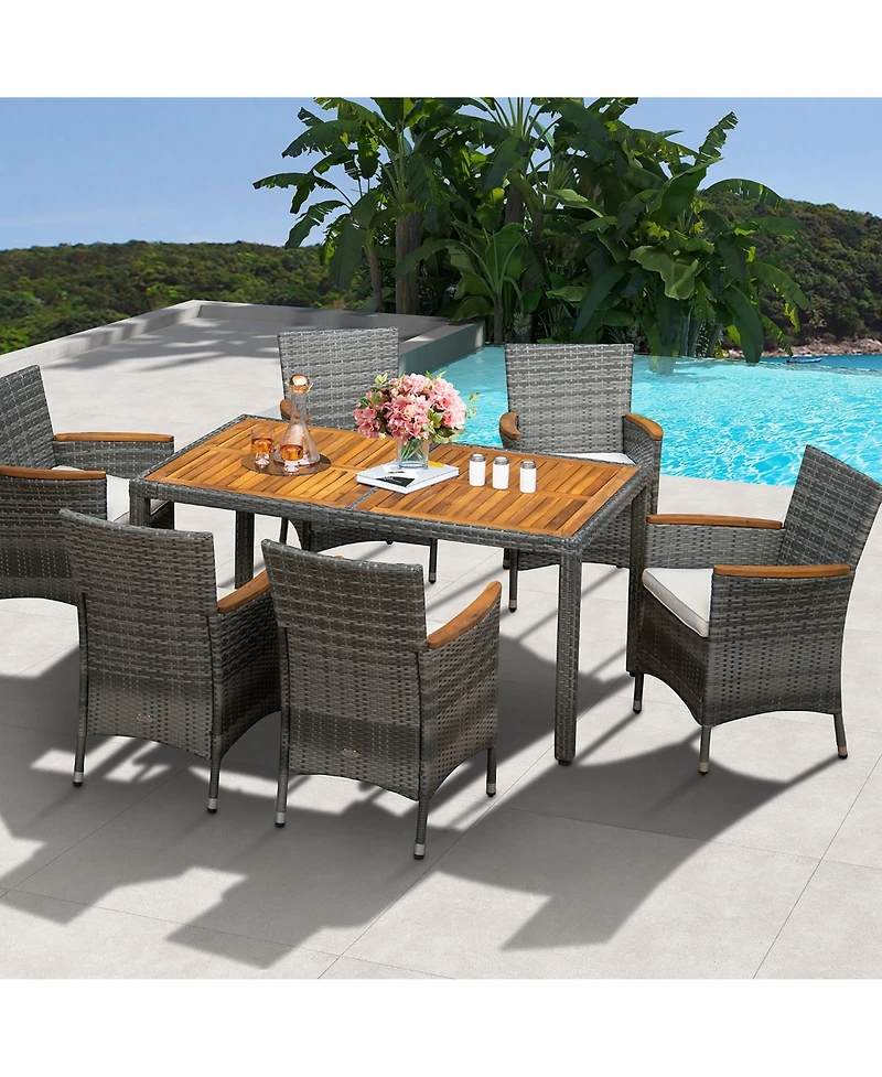 Gymax 7PCS Outdoor Dining Set Patio Acacia Wood and Rattan Furniture Set w/ Cushions