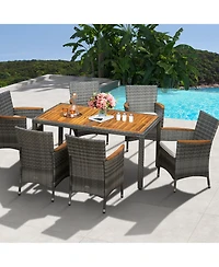 Gymax 7PCS Outdoor Dining Set Patio Acacia Wood and Rattan Furniture Set w/ Cushions