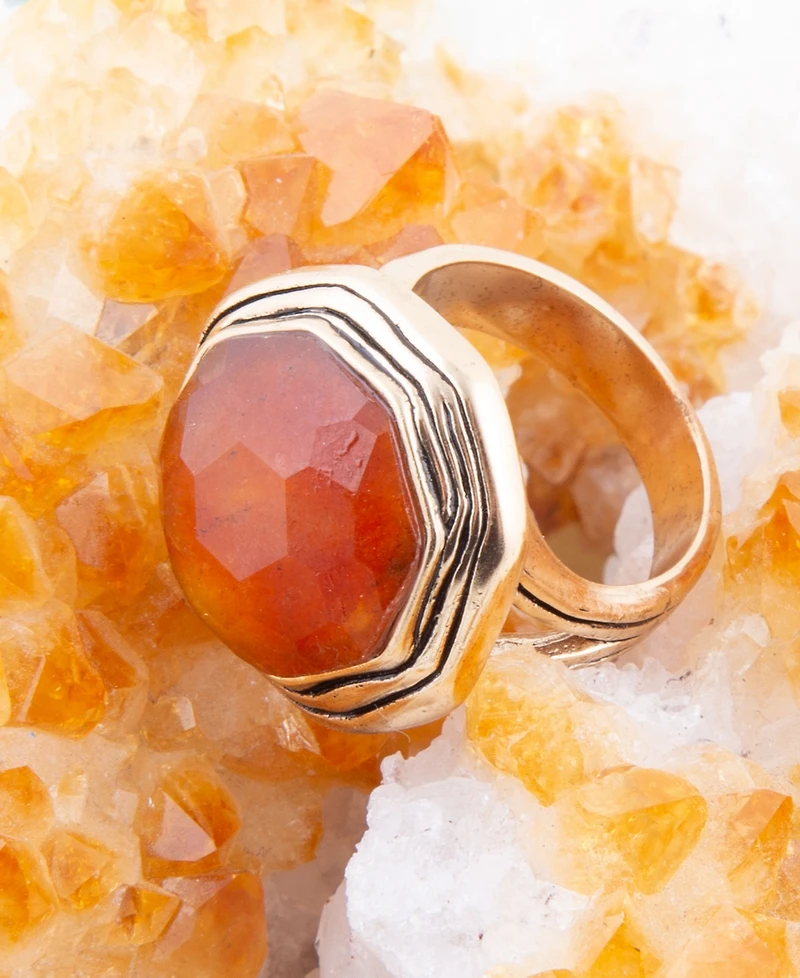 Barse River Rocks Orange Quartz Golden Bronze Octagon Ring
