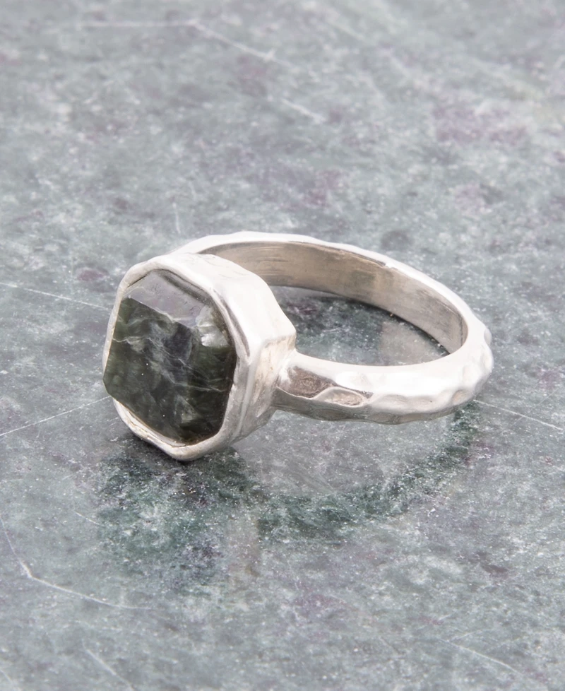 Barse Hammered Genuine Green Seraphinite Octagan Sterling Silver Ring